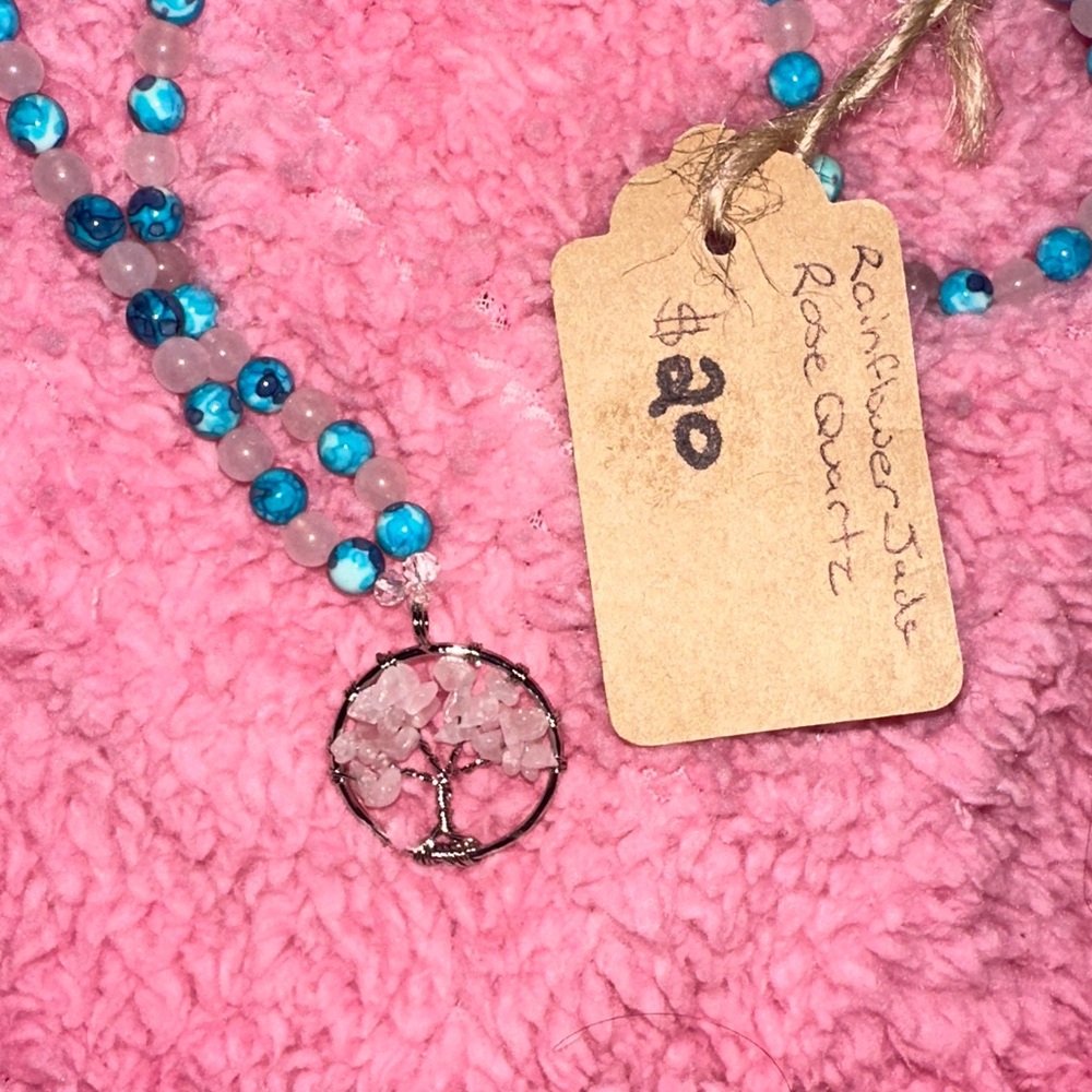Candy Tree Necklace (Purple/ Blue Rain Flower Jade And Rose Quartz) - Picture 3 of 12
